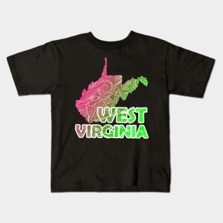 Colorful mandala art map of West Virginia with text in pink and green Kids T-Shirt